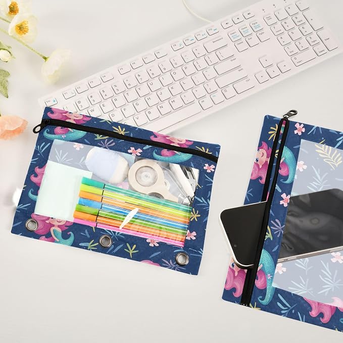 Beautiful Mermaid Pencil Pouch Fits standard 3-ring binders, Zipper Binder Pencil Bag with Clear Window for Class Office 2 Pack