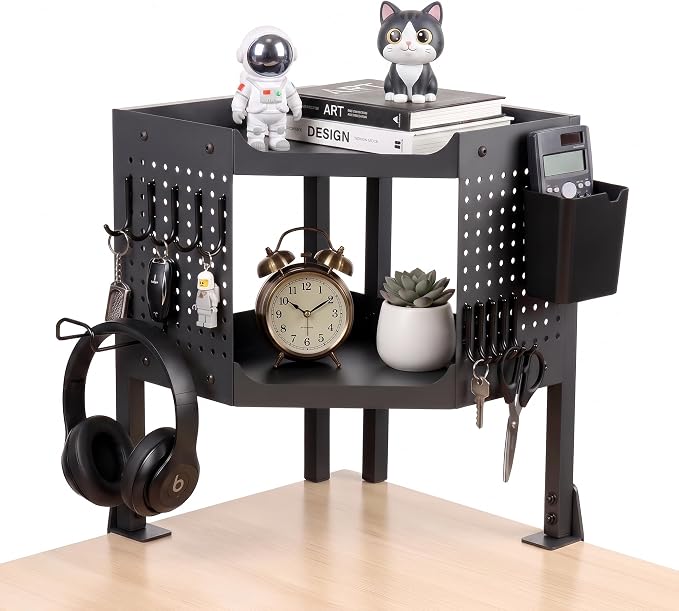 2-Tier Metal Clamp On Desk Shelf, Heavy Duty Desk Storage Organizer with 2 Removable Pegboards and Headphone Holder,Corner Desk Shelf with Pencil Cup and Hooks for Desk Accessories (Black)