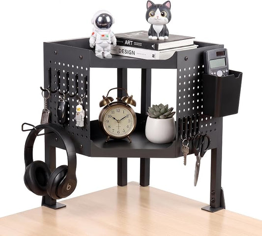 2-Tier Metal Clamp On Desk Shelf, Heavy Duty Desk Storage Organizer with 2 Removable Pegboards and Headphone Holder,Corner Desk Shelf with Pencil Cup and Hooks for Desk Accessories (Black)