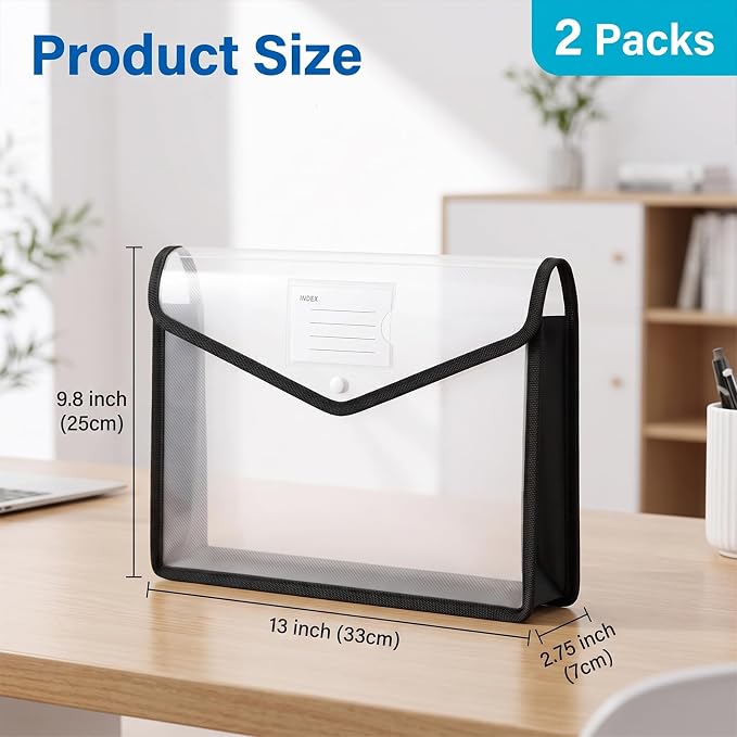 2 Pack Clear Expanding File Organizer Envelope Important Document Folder with Snap Closure Plastic Document Holder File Folder Large Capacity with Black Trim Fit Letter/A4 Size