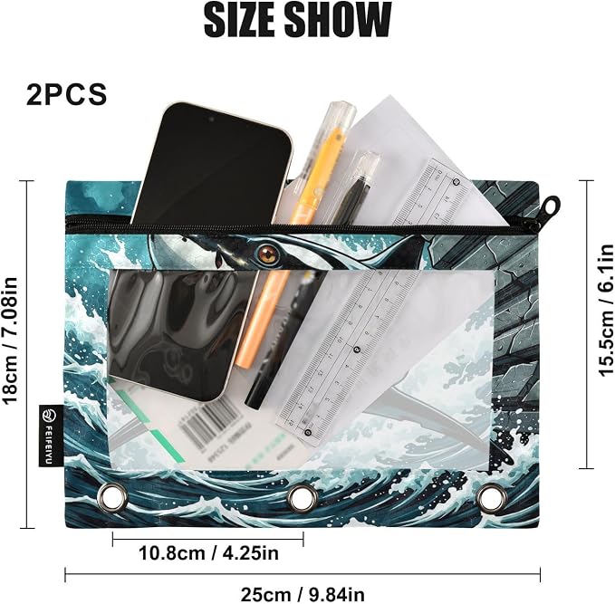 Gredecor 3 Ring Binder Pencil Pouch, Comic White Shark Zippered Pen Case Pouches with Clear Window, 2 Pack Stylish Office & School Supplie