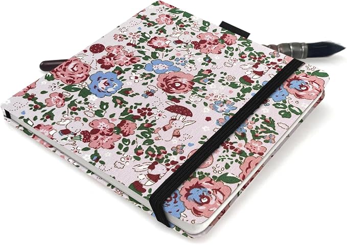 5x5 Handy Portable Handmade Cloth Fabric Hardcover Sewing Binding Travel WaterSketchbooks Watercolor Paper 140LB/300gsm 20Sheets/40Pages Journal Mixed Media Pad Notebook Pink Rose Rabbit