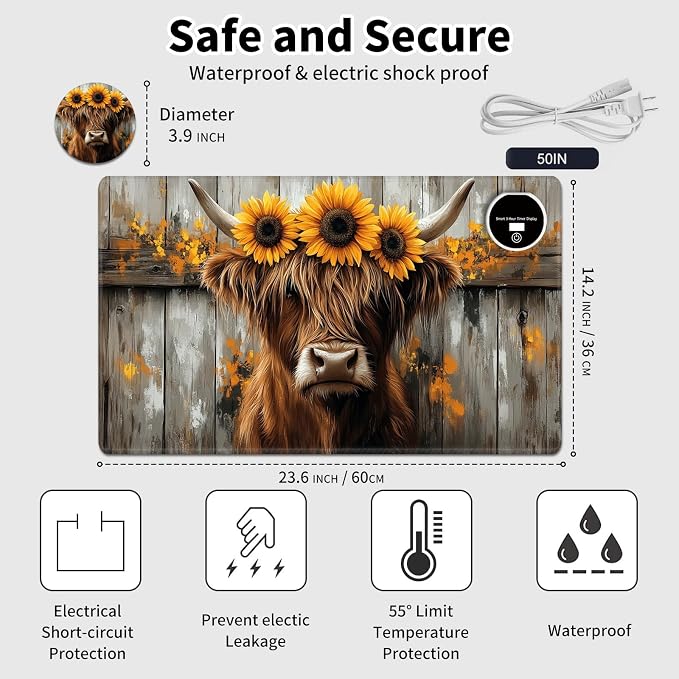 Heated Desk Pad Mouse Pad,Heated Desk Mat,with 3 Heating Levels & 3 Hours Auto Shut-Off,Leather 23.6"*14.2" Gaming Mouse Laptop Mat,Foot Warmer,Highland Cow Wood