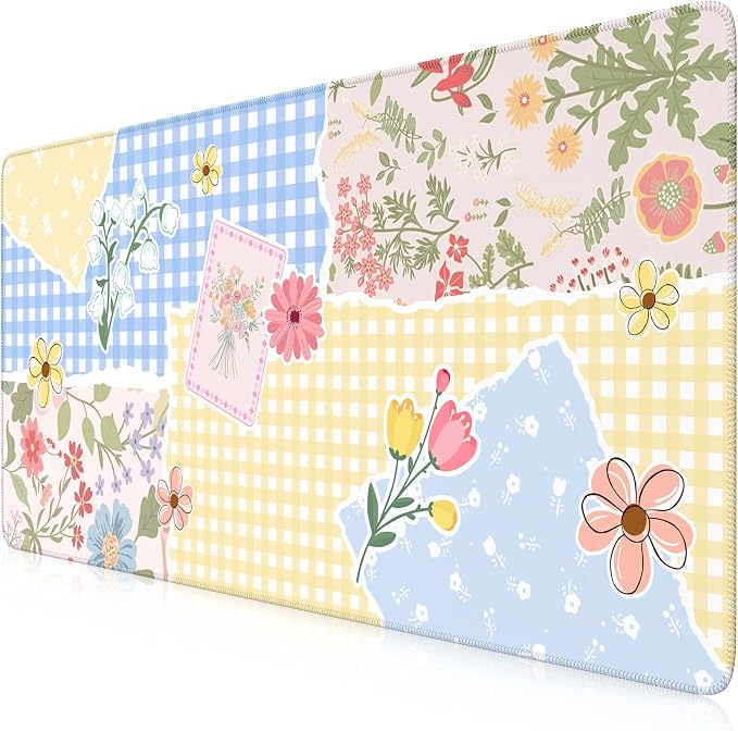 iCasso Aesthetic Checkered Desk Mat with Floral Design, XXL Mouse Pad and Keyboard Mat, Cute Flower Mousepad for Grily Desktop Decor, Office Home Laptop Accessories（Butter Yellow