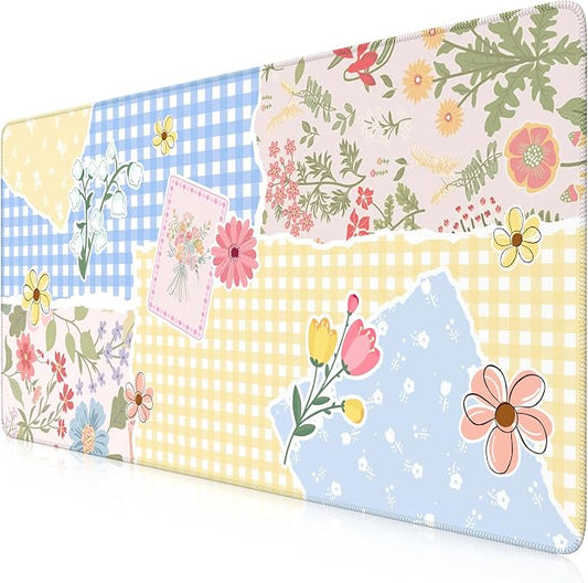 iCasso Aesthetic Checkered Desk Mat with Floral Design, XXL Mouse Pad and Keyboard Mat, Cute Flower Mousepad for Grily Desktop Decor, Office Home Laptop Accessories（Butter Yellow