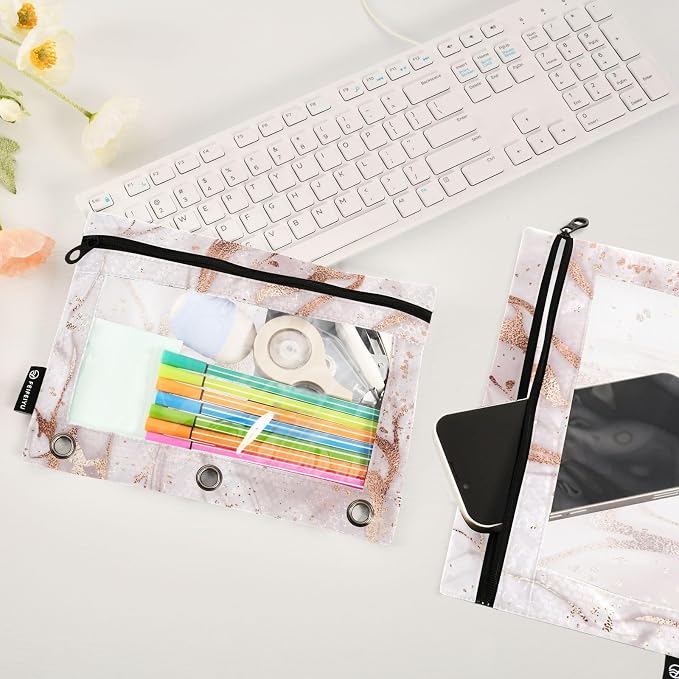 Rose Gold Abstract Marble Pencil Pouch Fits Standard 3-Ring Binders, Zipper Binder Pencil Bag with Clear Window for Office 2 Pack