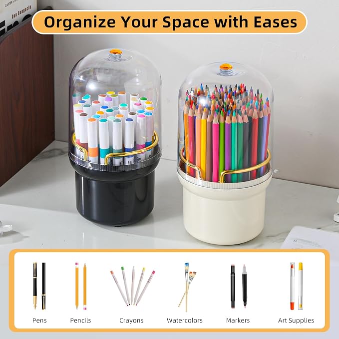 360-Degree Rotating Colored Pencil Holder with Lid, Pencil Organizer Holds 100 Long Pencils with 7 Slots for Desk, Caddy Art Supply Organizer, Multi-function Makeup Brushes Ogranizer (Ivory White)