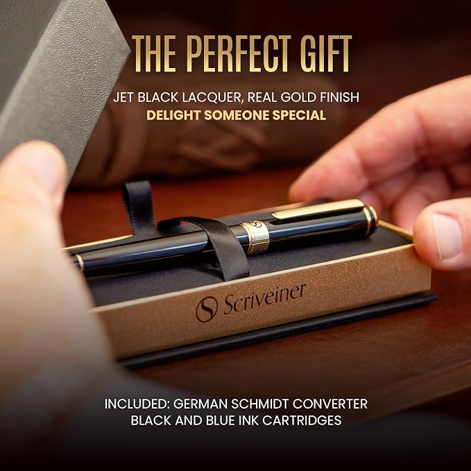 Scriveiner Luxury Fountain Pen - Stunning Black Lacquer Pen, Real Gold Finish, Schmidt Gilded Nib (Broad), Converter, Best Pen Gift Set for Men & Women, Professional, Executive, Office, Nice Pens
