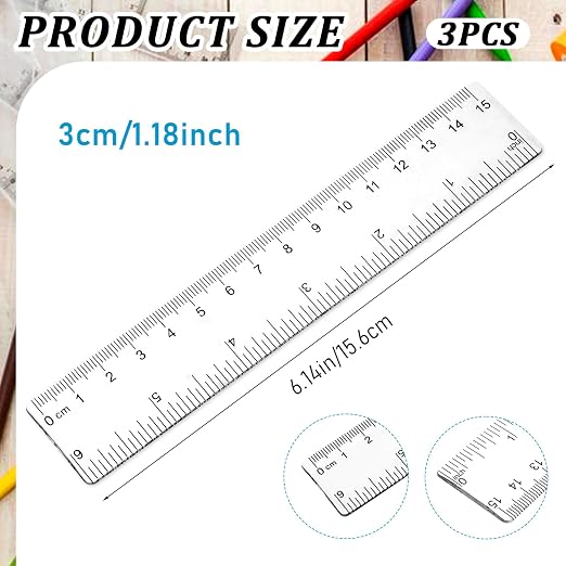 6 Inch Ruler Set 3 Pack Plastic Straight Rulers Transparent Measuring Tool for Student School Office Drawing with Inches and Clear Metric Measuring Small Ruler
