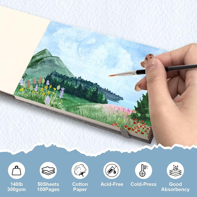 ZEROMX Watercolor Sketchbook, 3.5x5.5 Watercolor Journal, 2 Packs, 50 Sheets Each, Cotton Paper, Cold Press, 140lb/300gsm, Mini Watercolor Book, Watercolor Notebook for Travel Painting (Grey)