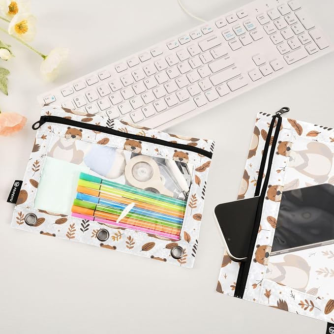 Cute Beaver Forest Animal Pencil Pouch for 3 Ring Binder 2 Pack Zipper Binder Pencil Bag Case with Clear Window Office School Supplies
