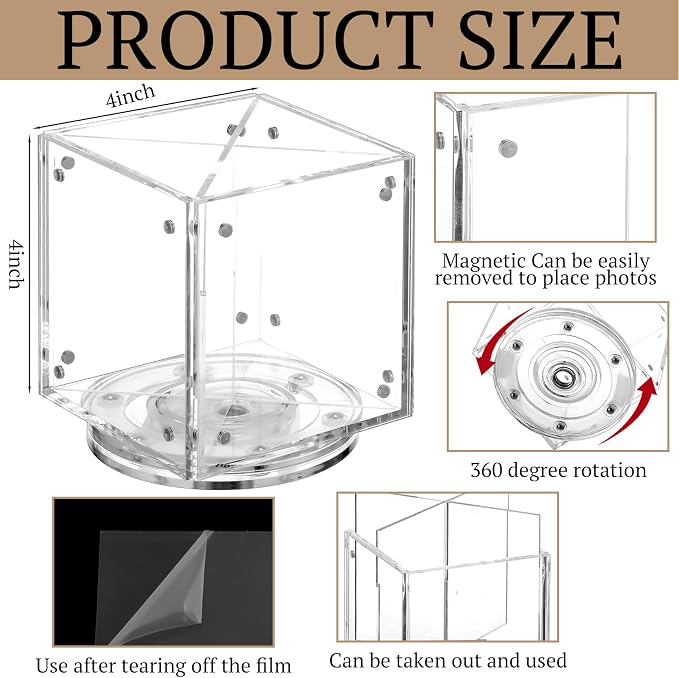 Sherr Acrylic Rotating Photo Pen Holder for Desk, 4-side Photo Cube Magnetic Picture Frame Pen Pencil Holder for Photos of 4" x 4" for Office Desk Tabletop Organizer Decor(for Photos of 4" X 4")