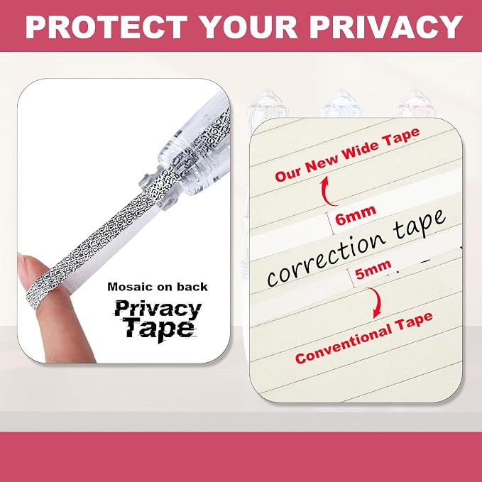 Refillable Correction Tape Pen, Privacy Tape Design, 6M | 3PCS with 3 Refills, Retractable Design, Prevents Show-Through on Double-Sided Documents, School Supplies, Office Supplies