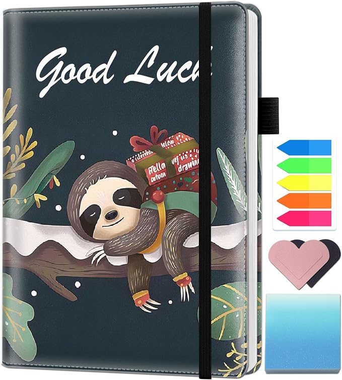 A5 Leather Lined Journal Notebook, 200 Pages Hardcover Executive Notebook for Men Women Office School Note Taking, Thick Writing Paper Daily Journal with Bookmarks/Indexes,Funny Sloth