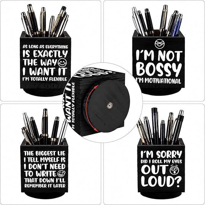 Outus Funny Coworker Gift Pen Holder for Desk, Sarcastic Office Desk Decor, Rotating Wooden Pencil Holder, Funny Office Gift for Women Men Boss Coworkers (Black)