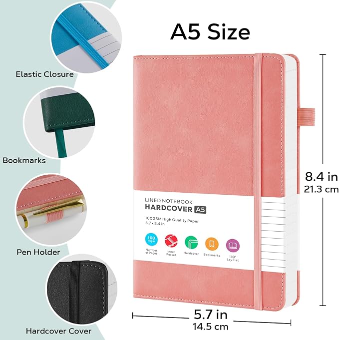 Lined Journal Notebook for Women Men, 2 Pack, 160 Pages per Pack, A5 (5.7'' x 8.4") Hardcover Journaling Notebook College Ruled for Writing Work, School Office Supplies, Pink & Purple, 100GSM Paper