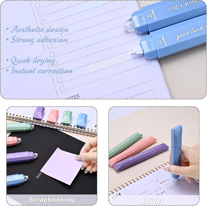Temiary 4 Pcs 2 in 1 White Correction Tape and Double Sided Roller Set, Aesthetic Smooth Pull Out Tapes with Adhesive Glue Tape Roller Runner for School Office Supplies (Blue)