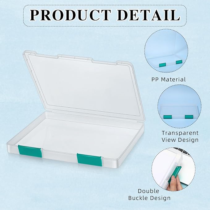 PerKoop 6 Pcs Clear Paper Storage Box,12.4 x 9.84 x 1.18 Inches,Dark Green | A4 Plastic File Box Document Paper Organizer Storage Board Game Project Cases Containers with Buckle for Craft, Magazine