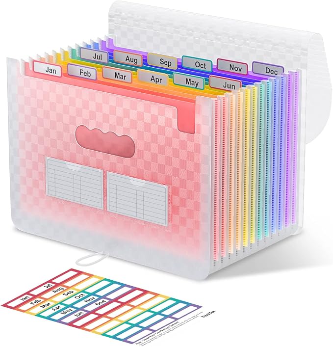 ThinkTex Accordion File Organizer, 12 - Pocket Expanding File Folders | for Paper Receipts, Bills & Taxes Organizer, Letter/A4 Size Document Holder for School, Office, home with Colorful tabs- Pink