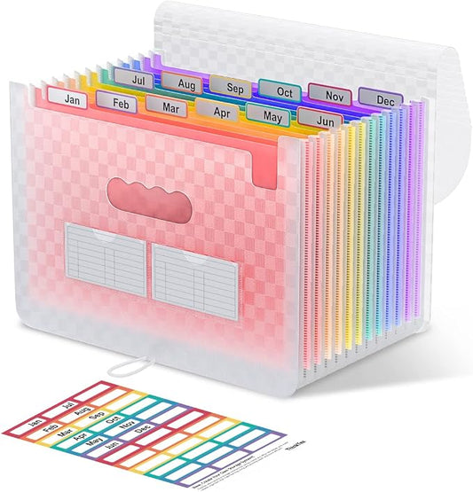 ThinkTex Accordion File Organizer, 12 - Pocket Expanding File Folders | for Paper Receipts, Bills & Taxes Organizer, Letter/A4 Size Document Holder for School, Office, home with Colorful tabs- Pink