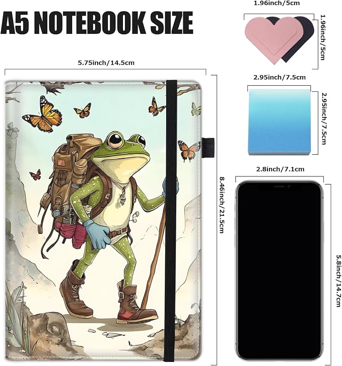 Hardcover Executive Notebooks, A5 PU Leather Lined Journal Notebook, 200 Pages Thick Paper Subject Notebooks for School,Work,Home Writing Business Notebook, Diary Book ，Hiking Frog Lovers