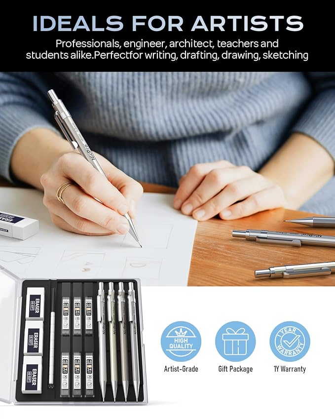 Nicpro 4 Pack Mechanical Pencil 0.5 mm with Case, MB1000 Metal Mechanical Pencil Set with 6 Tube HB #2 Lead Refill 0.5mm, 3PCS 4B Eraser, 9 Cap Eraser for Artist Drafting Writing, Sketching, Drawing | 6 Tube HB #2 Lead Refill 0.5mm, 3PCS 4B Eraser, 9 C...