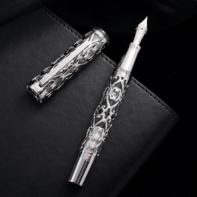 HONG DIAN D1 Piston Fountain Pen Extra Fine Nib, Hollow Skeleton & Resin Pen with Metal Case Set (Silver)