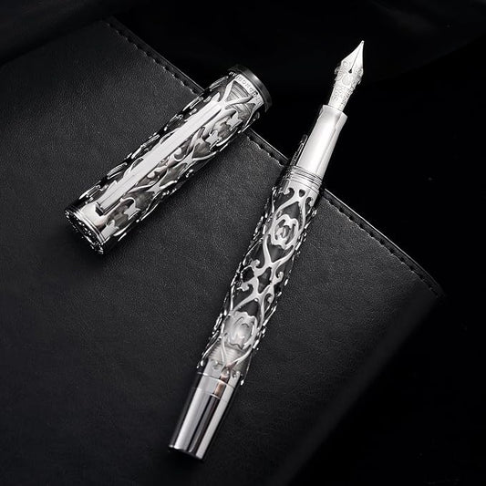 HONG DIAN D1 Piston Fountain Pen Extra Fine Nib, Hollow Skeleton & Resin Pen with Metal Case Set (Silver)