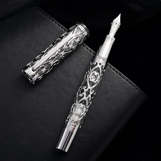 HONG DIAN D1 Piston Fountain Pen Fine Nib, Hollow Skeleton & Resin with Metal Case Set (Silver)