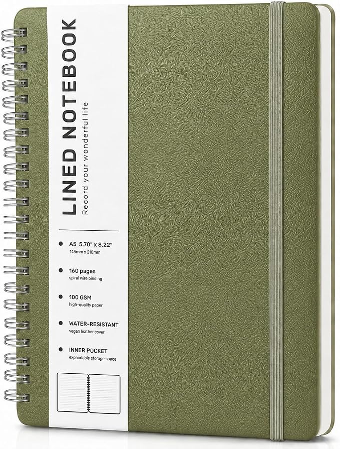 ABERLLS Lined Spiral Journal Notebook with 160 Pages, 8×5.7in, A5 Spiral Notebook, Journaling Notebooks for Work, School, Women, Men, College Ruled Spiral Notebook, Hardcover Leather Journals, Green