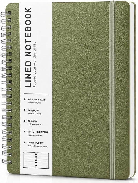 ABERLLS Lined Spiral Journal Notebook with 160 Pages, 8×5.7in, A5 Spiral Notebook, Journaling Notebooks for Work, School, Women, Men, College Ruled Spiral Notebook, Hardcover Leather Journals, Green