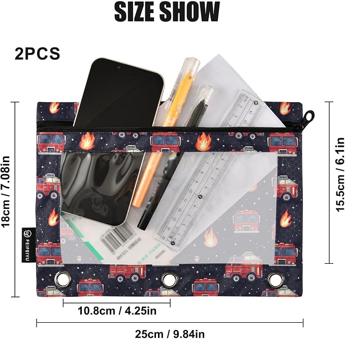 Fire Fighting Truck Binder Pouches 3 Ring for Boys Girls School Office College Supplies Cars Doodle Pattern Pencil Pouches Case Bag with Clear Window and Zipper 2 Pack