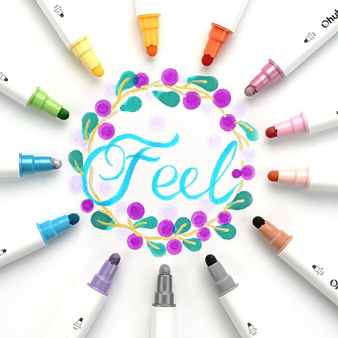 Ohuhu Journal Pens 24 Colors Dot Markers Dual Tip Coloring Markers - Kumimi | Calligraphy Brush & Dot for Adults Water-based Metallic & Regular Colors Dot Pens for Lettering Journal Scrapbooking