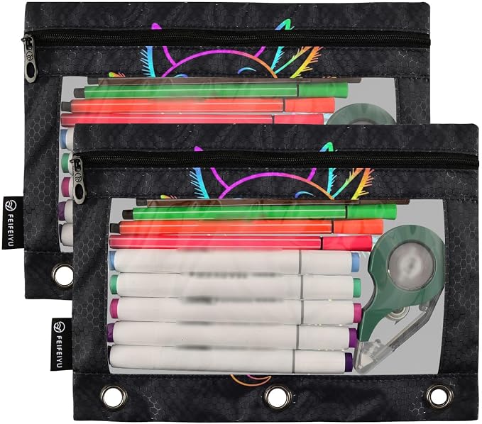 Gredecor 2 Pack Binder Pencil Pouch 3 Ring Rainbow Axolotl Zipper Pencil Pouches Case Cosmetic Bags with Clear Window Organizer for School Office
