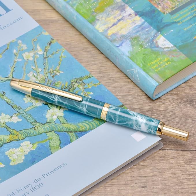 Jinhao 10 Press Fountain Pen with Box, Marble Blue Retractable Medium Nib with Ink Converter Set (Golden Clip)