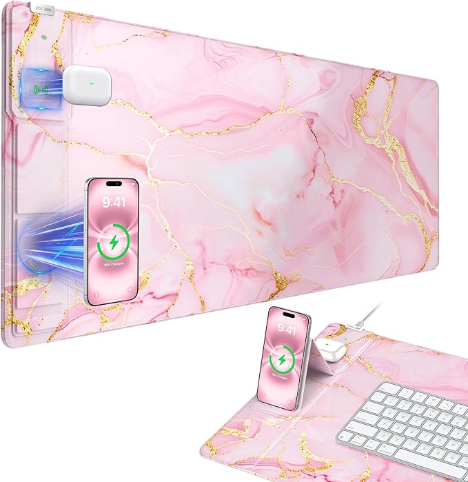 Wireless Charging Mouse Pad with Foldable Phone Holder, Pink Marble | 31.5"x15.8" Large Desk Mat for Laptop/Keyboard, Waterproof Ultra-Smooth Surface, Non-Slip Base
