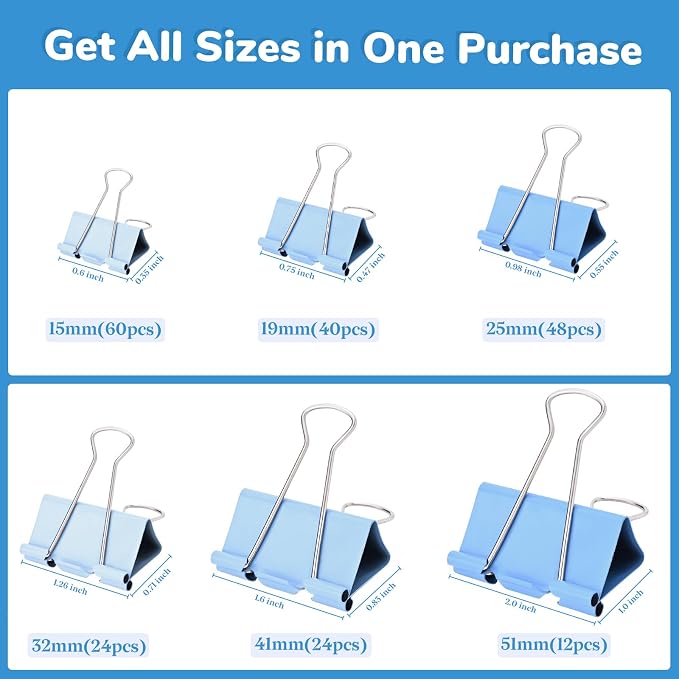 Temiary Metal Binder Clips, Assorted Sizes Extra Large, Large, Medium, Small, Mini, Micro Binder Paperwork Clip, Morandi Colored Paper Clamps Bulk for Office, Home, School (Blue 208P)