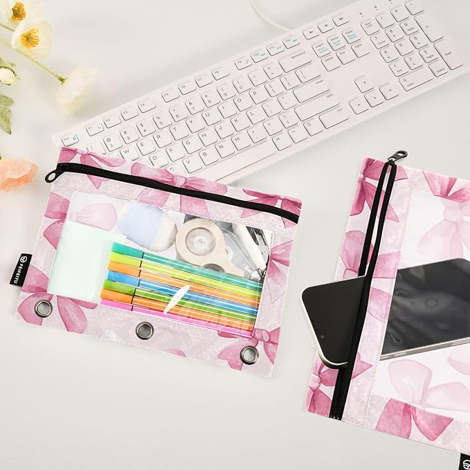 Pink Bows Pencil Pouch Fits standard 3-ring binders, Zipper Binder Pencil Bag with Clear Window for Office 2 Pack