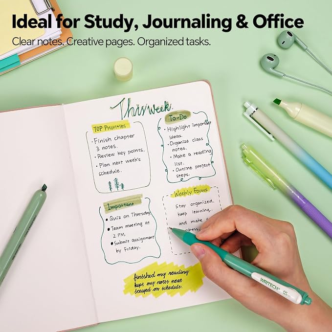 WRITECH Gel Pens Journaling Highlighters: Green Journal Set Assorted Pastel Color 0.5mm&0.7mm Fine Point Retractable Black Ink Pen Mechanical Pencil Smooth Writing Drawing 8ct