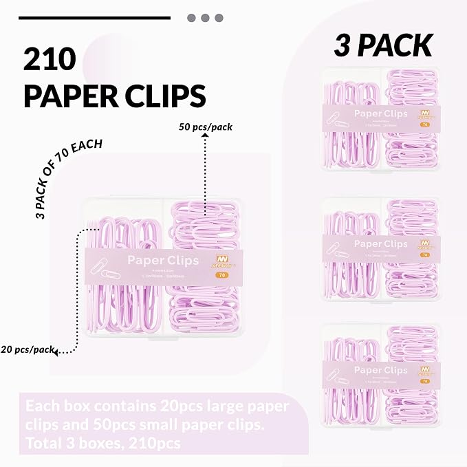 NEEWAY Colorful Paper Clips Assorted Sizes, Small and Large Paperclips, 210 Count, 3 Pack of 70 (Light Purple)