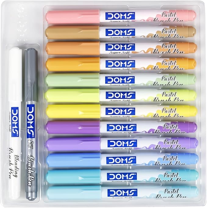 Doms Super Soft Tip Pastel Shades Brush Pen Set | 12 Pastel + 1 Silver + 1 Blender | Ideal for Doodling, Illustrations, Calligraphy, Artists & Professionals | Pack of 1