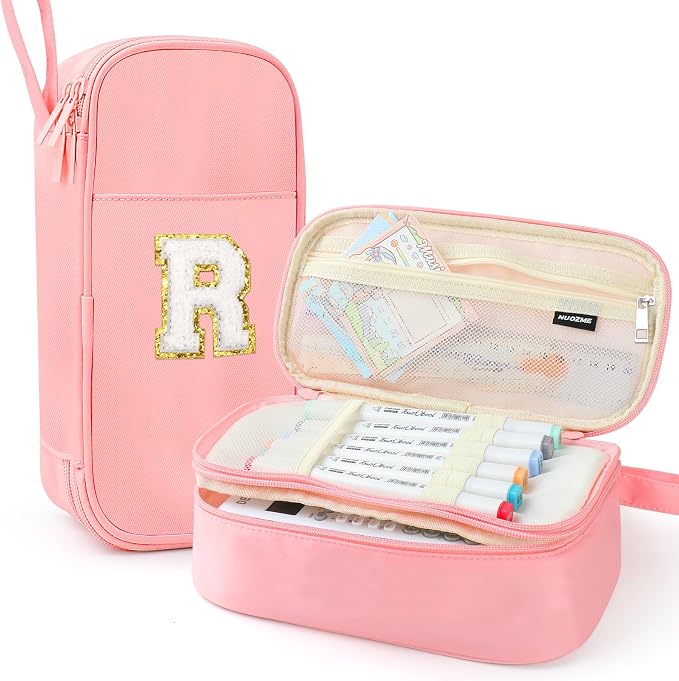 Cute Large Pencil Case Pouch,Personalized Initial Pencil Bag for Girls Boy | Multiple Pockets With Smooth Dual-Zipper, Big Capacity Aesthetic Pen Case Bag For Kids College Art School Gift