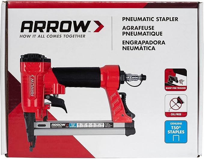 Arrow PT50 Oil-Free Pneumatic Staple Gun, Professional Heavy-Duty Stapler for Wood, Upholstery, Carpet, Wire Fencing, Fits 1/4”, 5/16”, 3/8", 1/2", 9/16” Staples , Red | Professional Stapler for Wood, Upholstery, Carpet, Wire Fencing, Fits 1/4", 5/16",...