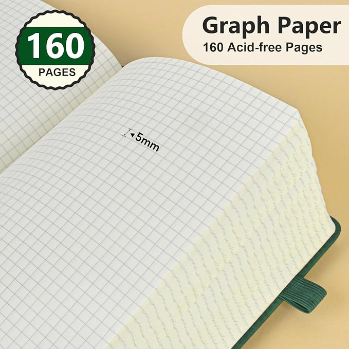 PERCUN A5 Graph Paper Notebook, Leather Journal, 160 Pages Grid Notebook | 5.9"x8.5" hardcover journal with quad ruled paper for work, school, writing, notes, journaling and daily planning.