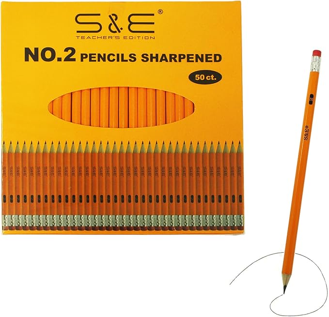 S & E TEACHER'S EDITION #2 HB Pencils 50 Pack, Pre-Sharpened Wood-Cased Pencils with Eraser Tops, Yellow Bulk Pencil for School Teacher Supplies, Writing, Drawing, Sketching & Exams