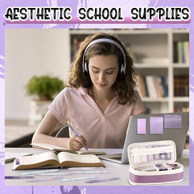 38 Pcs Aesthetic Office Supplies with Pen Case Sticky Notes Gel Pens Highlighters Correction Tapes Stationery Kit for Office Work Coworkers(Purple Color,Classic)