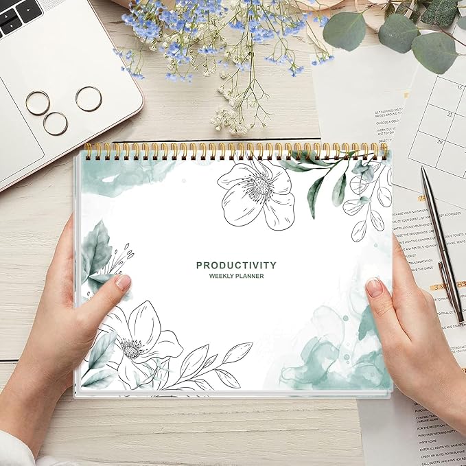 Weekly Productivity Planner - 8.5" x 11" Dashboard Desk Notepad Has 6 Focus Areas to List Tasks for Goals, Projects, Clients, Academic or Meal-Organize Your Daily Work Efficiently, 54 Weeks, Blue Flower