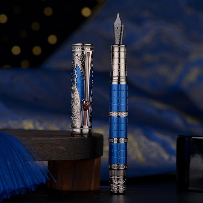 Hongdian D5X Fountain Pen Blue Color Medium Nib, Qin Dynasty Retro Chinese Totem Engraving Smooth Writing Pen with Converter and Pen Box Set