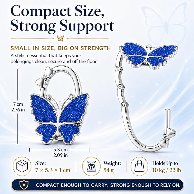 Purse Hook for Table, Foldable Handbag Hanger for Women, Portable Bag Holder with Non-Slip Base, Cute Matte Blue Butterfly Purse Table Hook for Restaurant Office Travel Gift