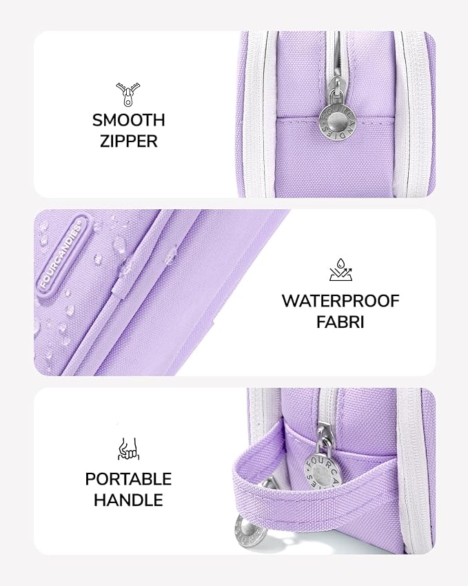 Four Candies 3-Compartment Large Pencil Case Organizer Pouch | Large Pen Bag for Stationery & Office Multi-Purpose Organizer Makeup Bag Travel Bag with Handle (Purple)